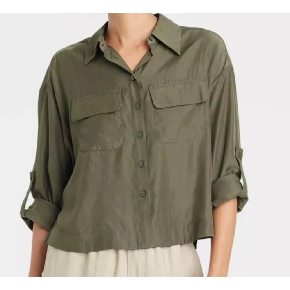 NWT A New Day Women's XXL Olive Green Cute Cropped Long Sleeve Utility Shirt
